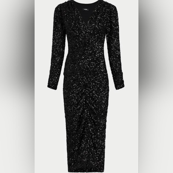 NWT!Express Sequin Silver V-Neck Puff Sleeve Ruched Midi Sheath Dress Size XS - Picture 7 of 15
